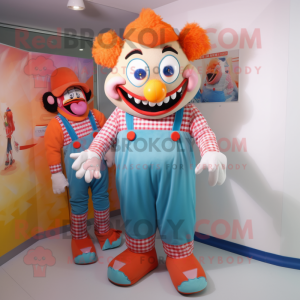 Peach Evil Clown mascot costume character dressed with a Dungarees and Ties