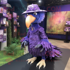 Lavender Vulture mascot costume character dressed with a Mini Skirt and Hats