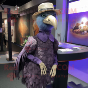 Lavender Vulture mascot costume character dressed with a Mini Skirt and Hats