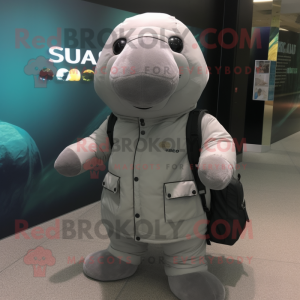 Gray Stellar'S Sea Cow mascot costume character dressed with a Jacket and Messenger bags