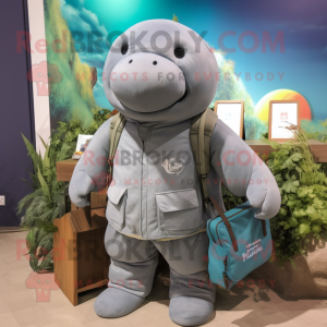 Gray Stellar'S Sea Cow mascot costume character dressed with a Jacket and Messenger bags