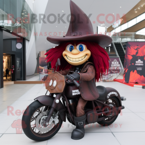 Maroon Witch'S Hat mascot costume character dressed with a Biker Jacket and Hats