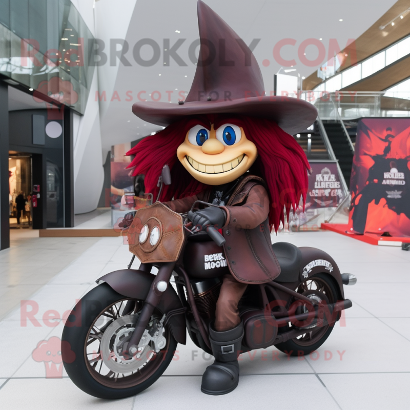 Maroon Witch'S Hat mascot costume character dressed with a Biker Jacket and Hats Maroon Witch'S Hat mascot costume character dressed with a Biker Jacket and Hats