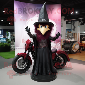 Maroon Witch'S Hat mascot costume character dressed with a Biker Jacket and Hats