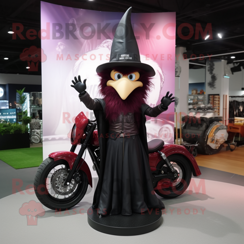 Maroon Witch'S Hat mascot costume character dressed with a Biker Jacket and Hats