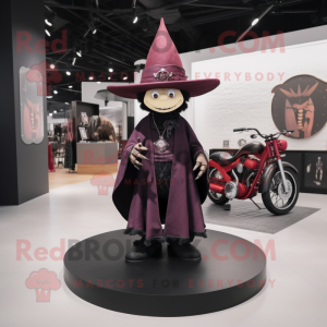 Maroon Witch'S Hat mascot costume character dressed with a Biker Jacket and Hats