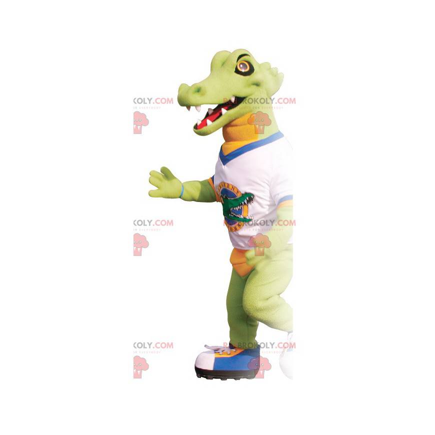 Green and orange crocodile mascot with a t-shirt -