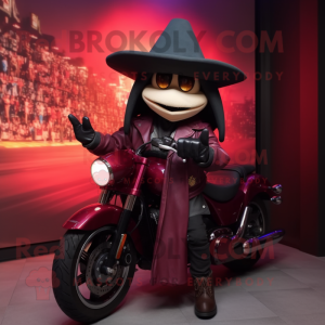 Maroon Witch'S Hat mascot costume character dressed with a Biker Jacket and Hats