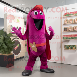 Magenta Pepper mascot costume character dressed with a Henley Tee and Belts