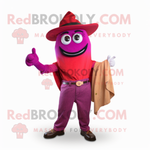 Magenta Pepper mascot costume character dressed with a Henley Tee and Belts