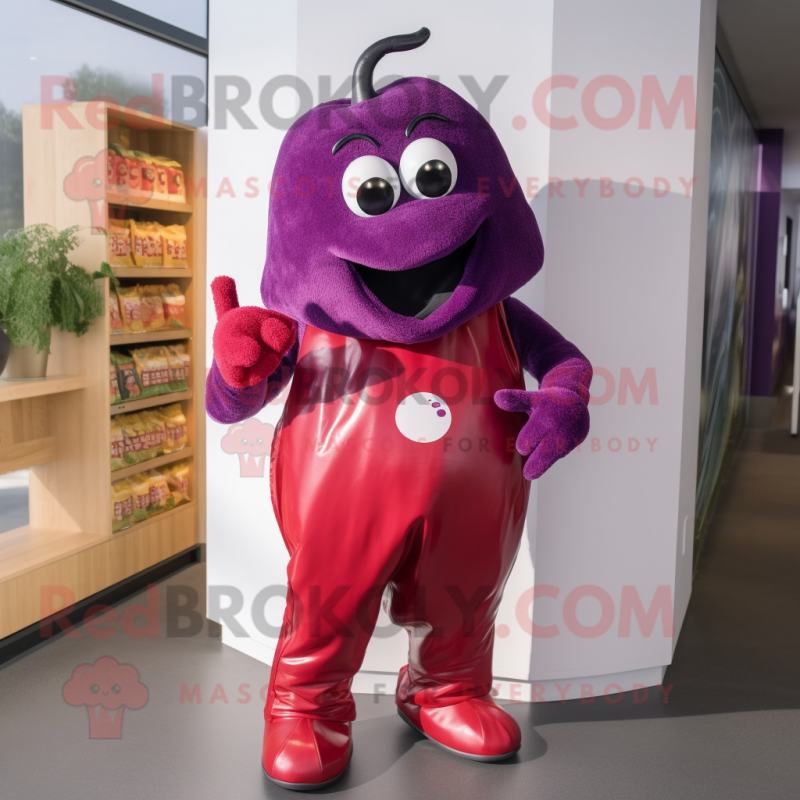 Magenta Pepper mascot costume character dressed with a Henley Tee and Belts Magenta Pepper mascot costume character dressed with a Henley Tee and Belts