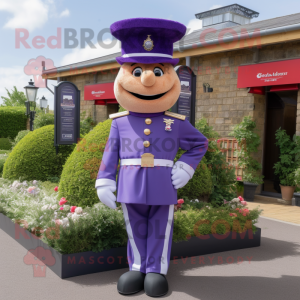 Lavender British Royal Guard mascot costume character dressed with a Waistcoat and Belts