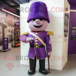 Lavender British Royal Guard mascot costume character dressed with a Waistcoat and Belts