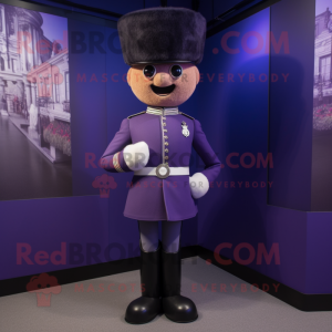 Lavender British Royal Guard mascot costume character dressed with a Waistcoat and Belts