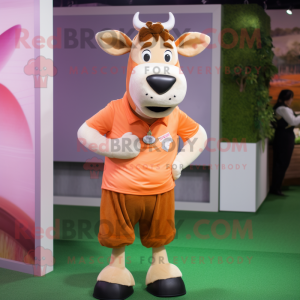 Peach Jersey Cow mascot costume character dressed with a Poplin Shirt and Watches