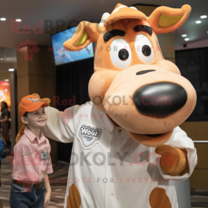 Peach Jersey Cow mascot costume character dressed with a Poplin Shirt and Watches