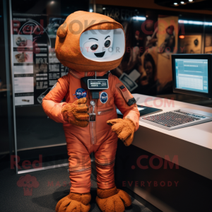 Rust Astronaut mascot costume character dressed with a Yoga Pants and Hat pins