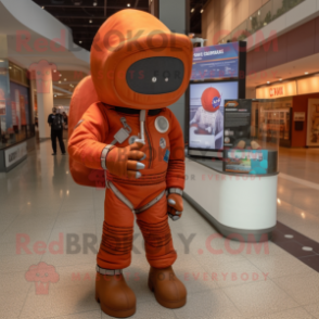 Rust Astronaut mascot costume character dressed with a Yoga Pants and Hat pins