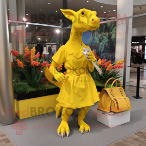 Yellow Parasaurolophus mascot costume character dressed with a Mini Dress and Handbags