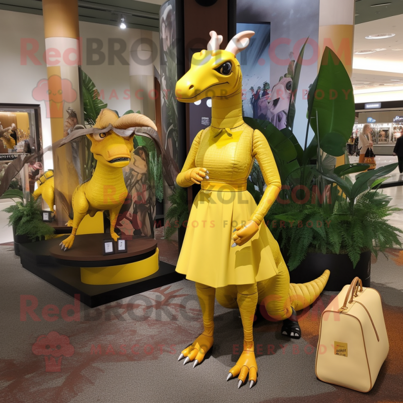 Yellow Parasaurolophus mascot costume character dressed with a Mini Dress and Handbags