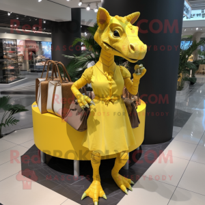 Yellow Parasaurolophus mascot costume character dressed with a Mini Dress and Handbags