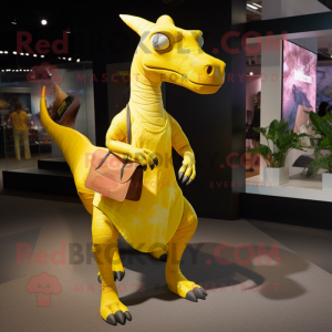 Yellow Parasaurolophus mascot costume character dressed with a Mini Dress and Handbags