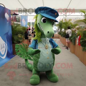 Forest Green Sea Horse mascot costume character dressed with a Chambray Shirt and Caps