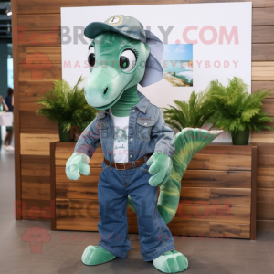 Forest Green Sea Horse mascot costume character dressed with a Chambray Shirt and Caps