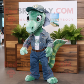 Forest Green Sea Horse mascot costume character dressed with a Chambray Shirt and Caps