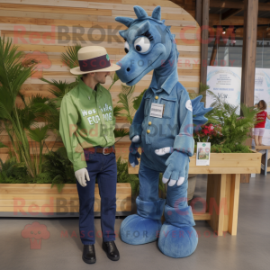 Forest Green Sea Horse mascot costume character dressed with a Chambray Shirt and Caps