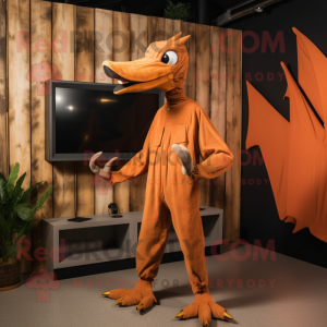 Rust Pterodactyl mascot costume character dressed with a Jumpsuit and Shoe clips