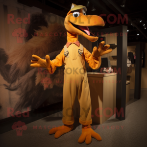 Rust Pterodactyl mascot costume character dressed with a Jumpsuit and Shoe clips