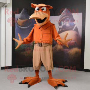 Rust Pterodactyl mascot costume character dressed with a Jumpsuit and Shoe clips
