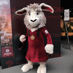 Maroon Angora Goat mascot costume character dressed with a Sheath Dress and Tie pins