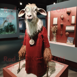 Maroon Angora Goat mascot costume character dressed with a Sheath Dress and Tie pins