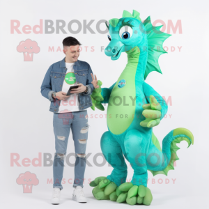 Green Sea Horse mascot costume character dressed with a Boyfriend Jeans and Smartwatches