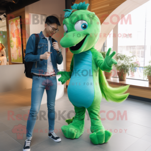 Green Sea Horse mascot costume character dressed with a Boyfriend Jeans and Smartwatches