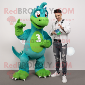 Green Sea Horse mascot costume character dressed with a Boyfriend Jeans and Smartwatches