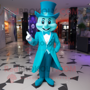 Cyan Magician mascot costume character dressed with a Playsuit and Bow ties