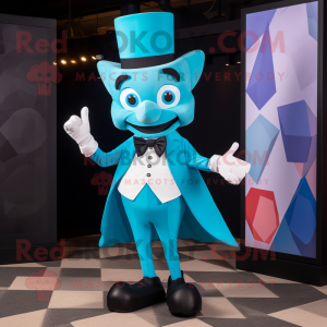 Cyan Magician mascot costume character dressed with a Playsuit and Bow ties