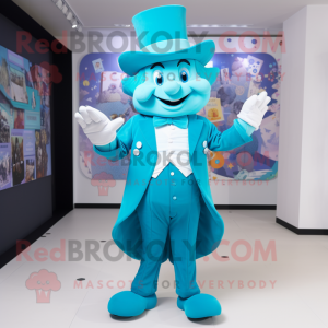 Cyan Magician mascot costume character dressed with a Playsuit and Bow ties