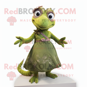 Olive Lizard mascot costume character dressed with a A-Line Dress and Hairpins