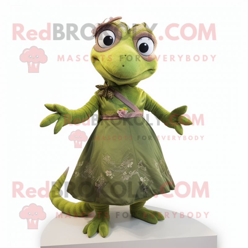 Olive Lizard mascot costume character dressed with a A-Line Dress and Hairpins