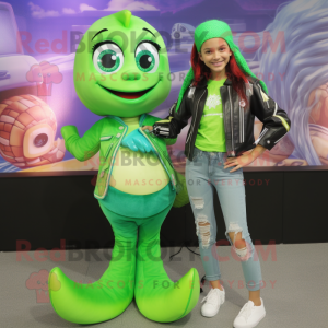 Lime Green Mermaid mascot costume character dressed with a Leather Jacket and Keychains