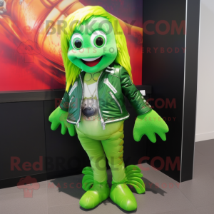 Lime Green Mermaid mascot costume character dressed with a Leather Jacket and Keychains