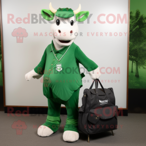 Forest Green Zebu mascot costume character dressed with a Dress Shirt and Tote bags