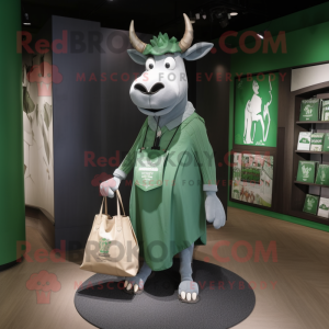 Forest Green Zebu mascot costume character dressed with a Dress Shirt and Tote bags