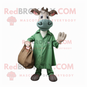 Forest Green Zebu mascot costume character dressed with a Dress Shirt and Tote bags