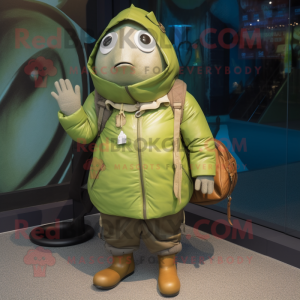 Lime Green Tuna mascot costume character dressed with a Parka and Wallets