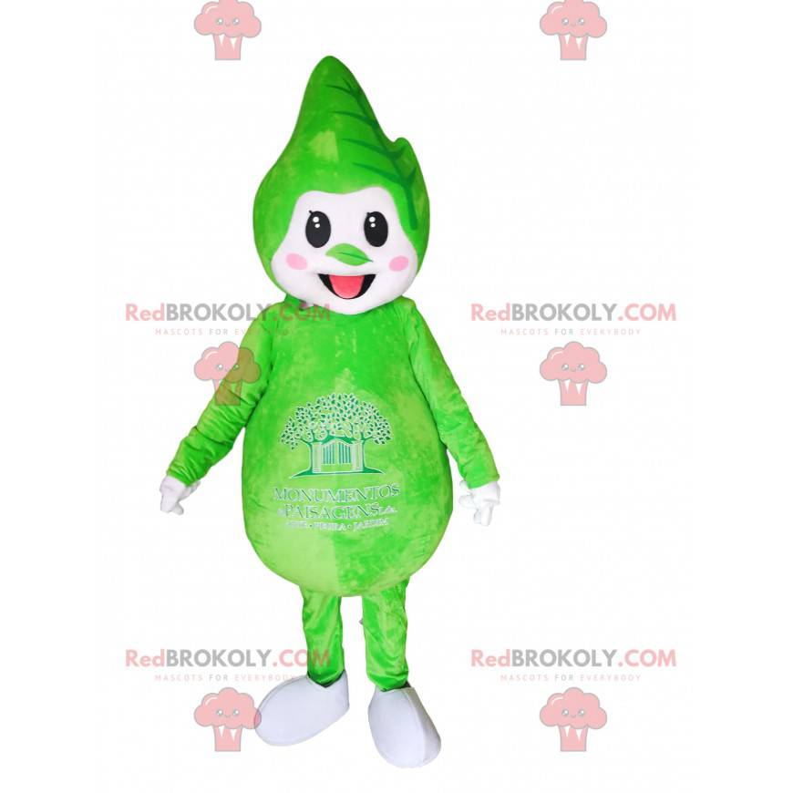 Grünes Charakter-Maskottchen mit einem Blatt auf seinem Kopf -